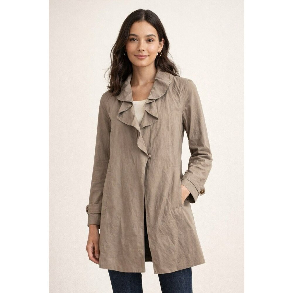 LOFT Taupe Ruffle Collar Trench Coat Lightweight Chic Jacket Womens L
